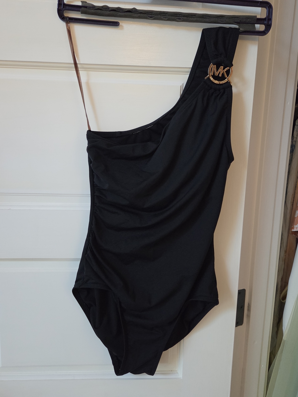 MICHAEL KORS One-Shoulder Black Swimsuit with Gold MK Ring